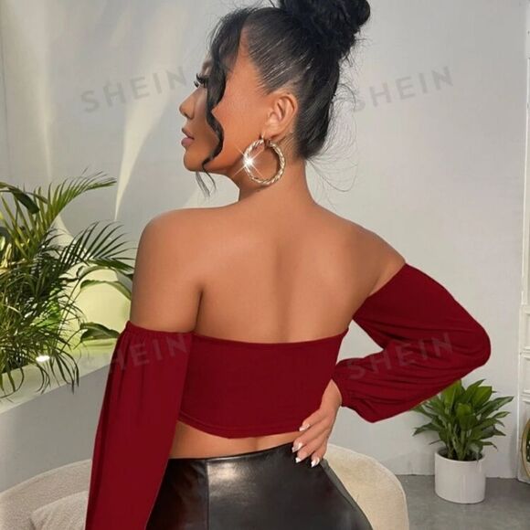 Sxy Burgundy Off The Shoulder Twist Front Cutout Crop Top - Picture 7 of 10